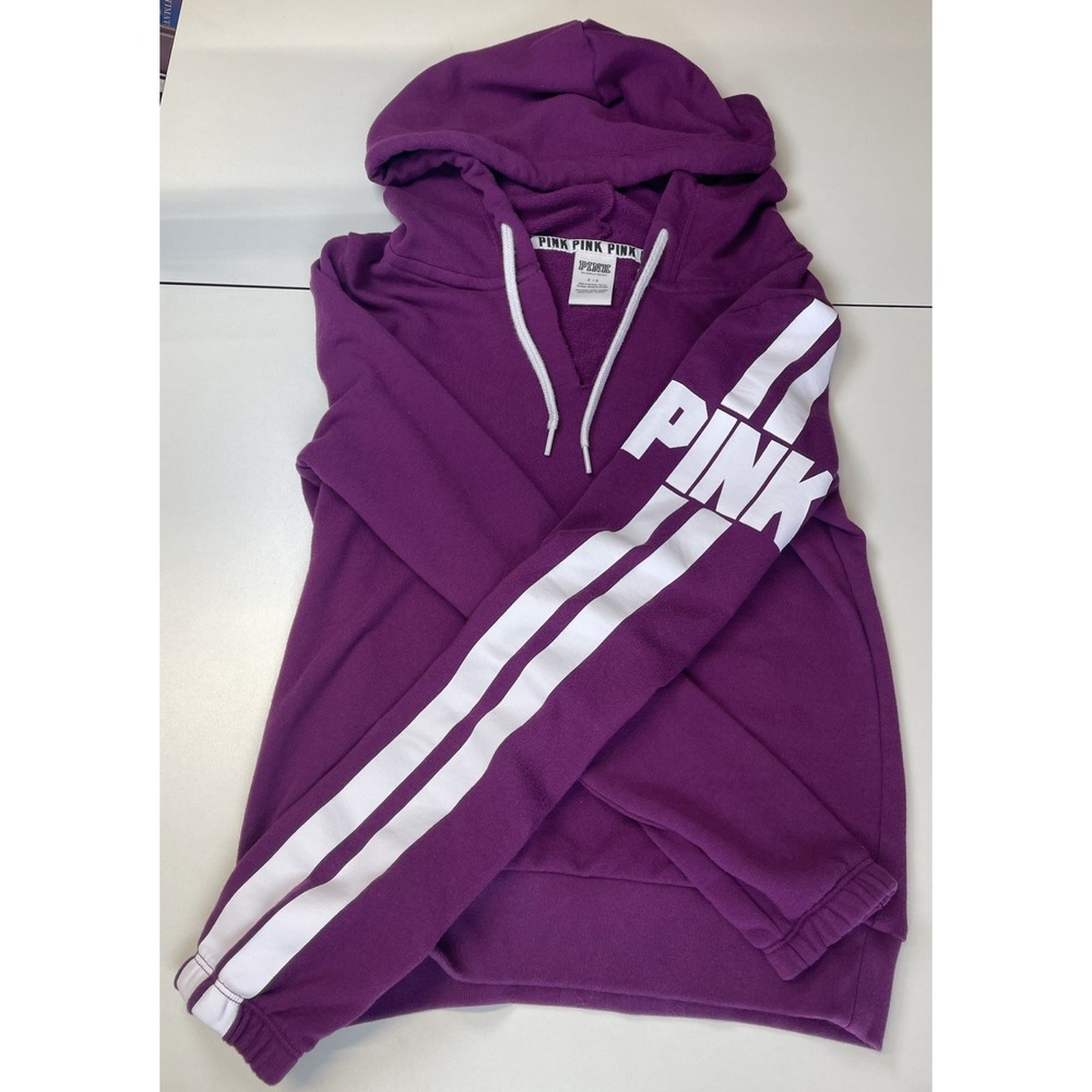 Victoria Secret Pink Berry Purple Pullover Hoodie Racing Striped Long Sleeve Sm